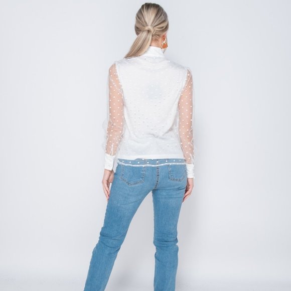 Polka Dot High Neck Long Sleeve Pussy Bow Blouse - Picture 6 of 7